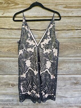 Free People Black Lace Sequin Slip Dress Size 12 Nude Sheer Party Mini